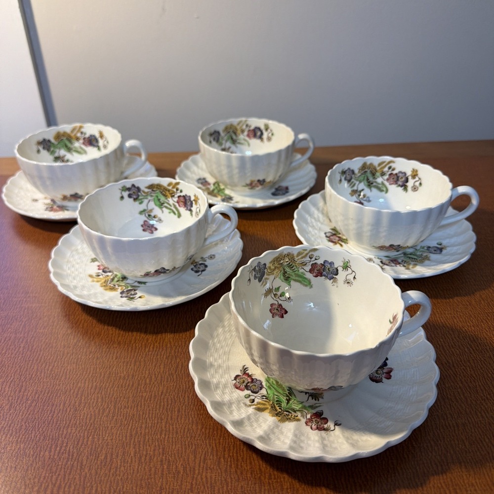 5 Vntg Copeland Spode‎ WICKER LANE Coffee Tea Cups & Saucers England